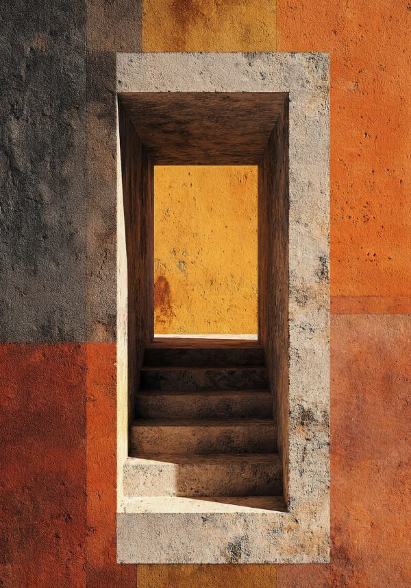 Arte abstracto con apertura geométrica en ocre y sombra cálida. Centro de la colección STOA. Edición de 9. Giclée fine art Umbra Studio.