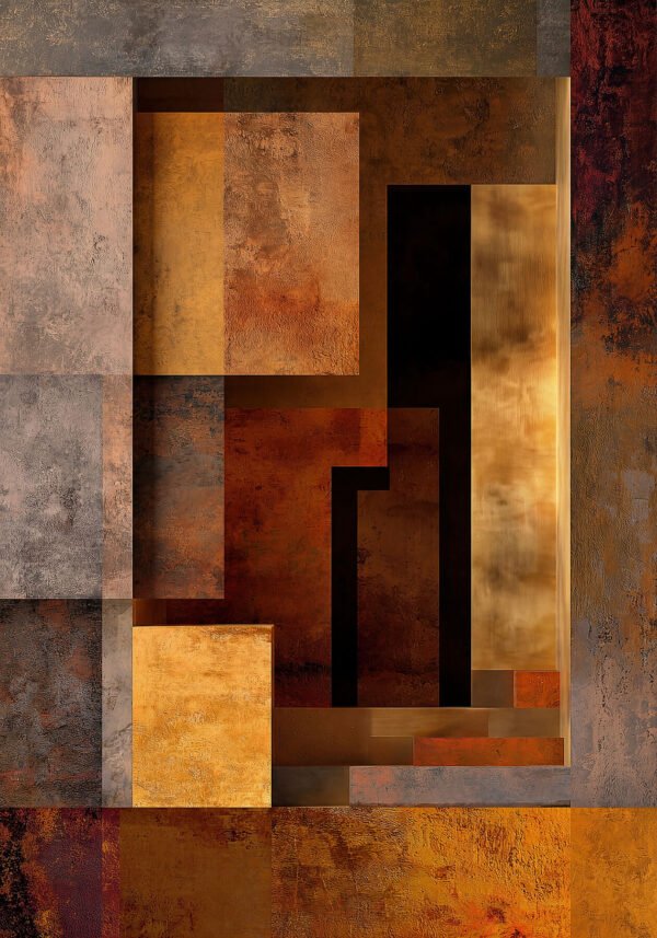 Obra final de STOA: síntesis geométrica en ocre, terracota y oro. Composición completa. Edición de 9 giclée fine art. Umbra Studio.