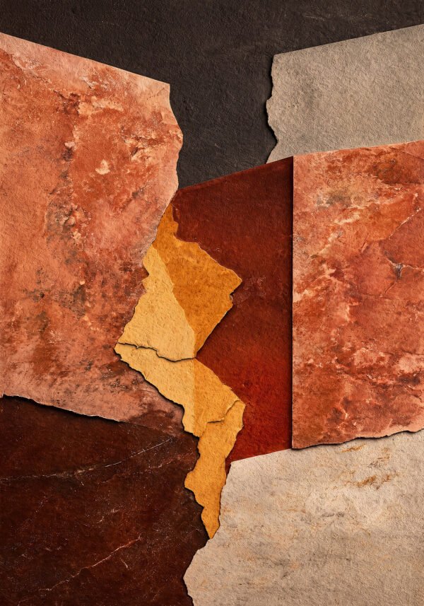 Arte abstracto geométrico con grieta estructural en terracota y siena. Colección STOA. Edición de 9 giclée fine art. Umbra Studio.