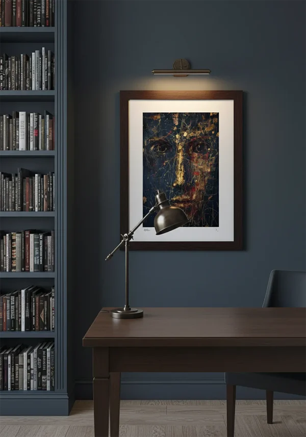 Expressionist portrait of face on dark blue background with overlay of gold and red lines — Cartography, PULSO Collection · Umbra Studio