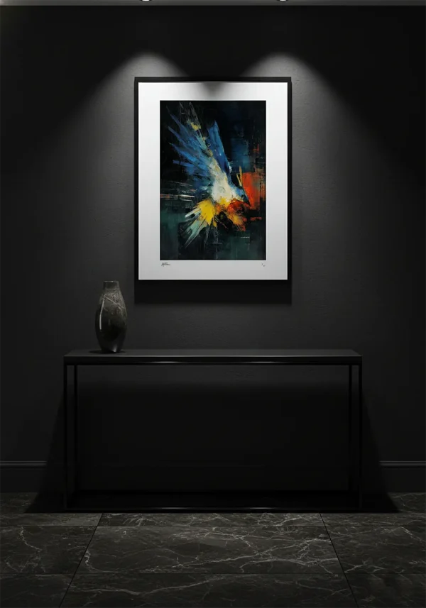 Pintura expresionista de ave en explosión de luz con pinceladas diagonales en azul y amarillo sobre fondo oscuro — Ignición, Colección PULSO · Umbra Studio