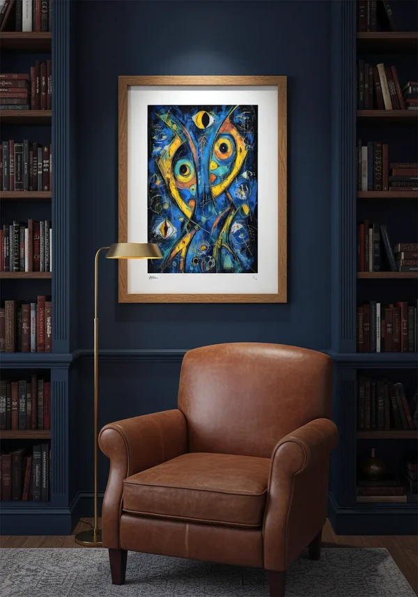Pintura abstracta expresionista con motivos de ojos múltiples en azul y amarillo sobre fondo negro — Vigía, Colección PULSO · Umbra Studio