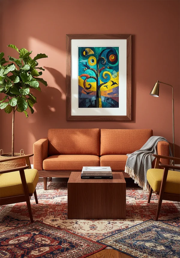 Expressionist painting of cosmic tree with circular spirals and birds in flight, vibrant palette in teal and yellow — Augury, PULSO Collection · Umbra Studio
