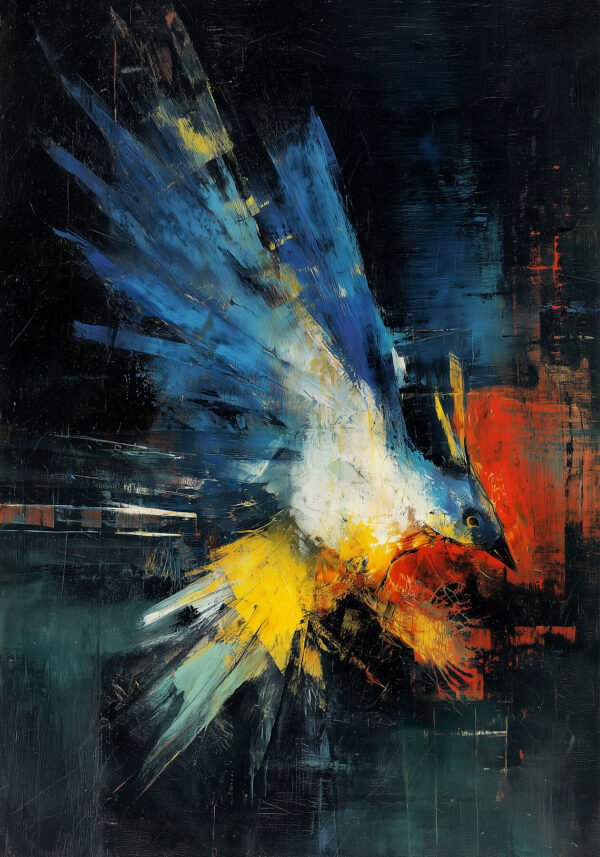 Pintura expresionista de ave en explosión de luz con pinceladas diagonales en azul y amarillo sobre fondo oscuro — Ignición, Colección PULSO · Umbra Studio