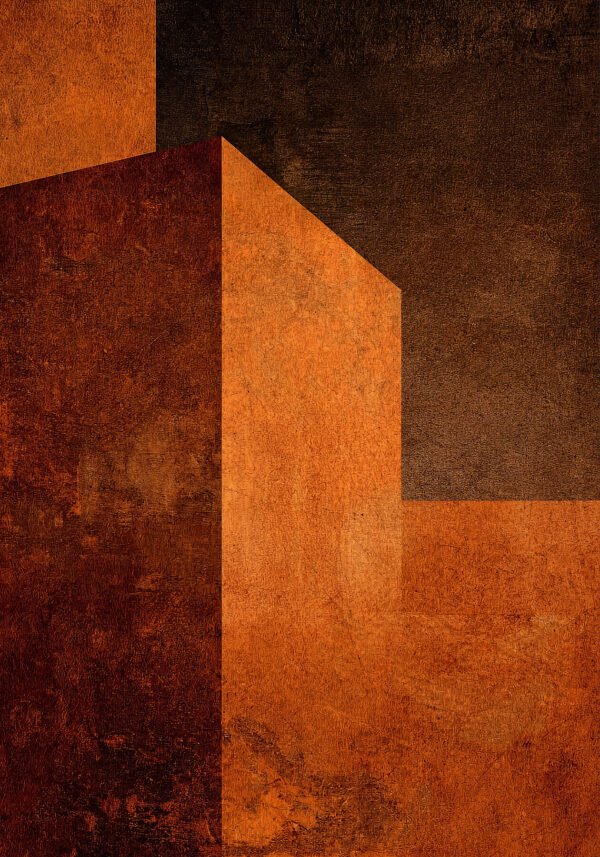 Obra abstracta geométrica en ocre profundo y negro mineral. Primera pieza de la colección STOA. Giclée fine art, edición de 9. Umbra Studio.