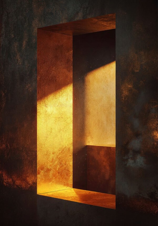 Arte abstracto geométrico con oro y ocre luminoso. La obra más lumínica de STOA. Edición de 9. Giclée fine art Hahnemühle. Umbra Studio.