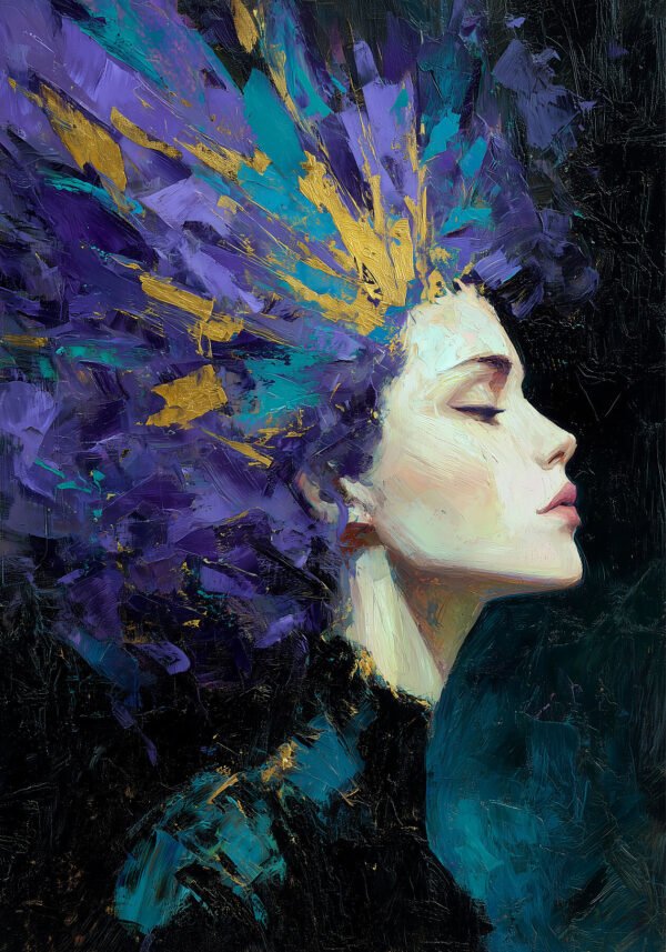 Retrato expresionista femenino de perfil con corona de pinceladas en violeta y oro sobre fondo oscuro — Oráculo, Colección PULSO · Umbra Studio