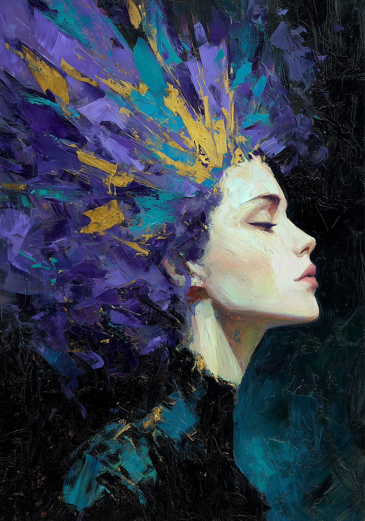 Retrato expresionista femenino de perfil con corona de pinceladas en violeta y oro sobre fondo oscuro — Oráculo, Colección PULSO · Umbra Studio