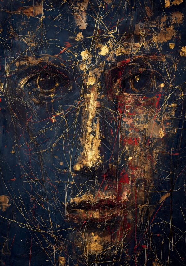 Retrato expresionista de rostro sobre fondo azul oscuro con superposición de líneas en oro y rojo — Cartografía, Colección PULSO · Umbra Studio