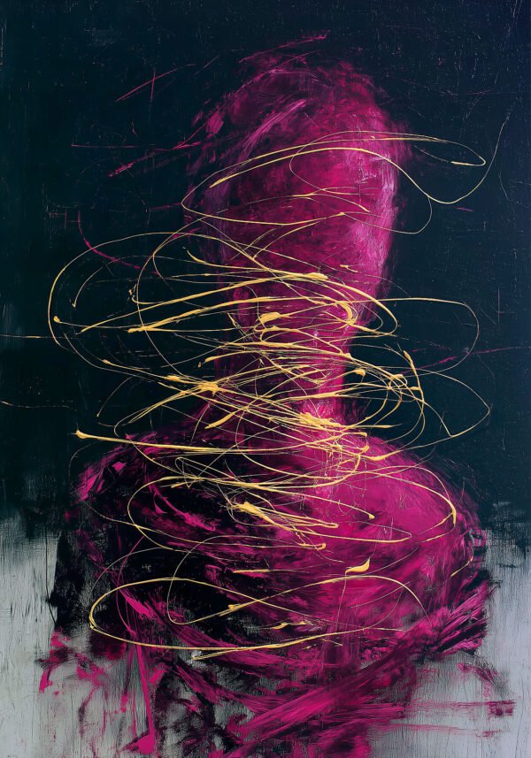 Pintura expresionista abstracta con forma orgánica en magenta y espirales de oro sobre fondo negro — Vórtice, Colección PULSO · Umbra Studio