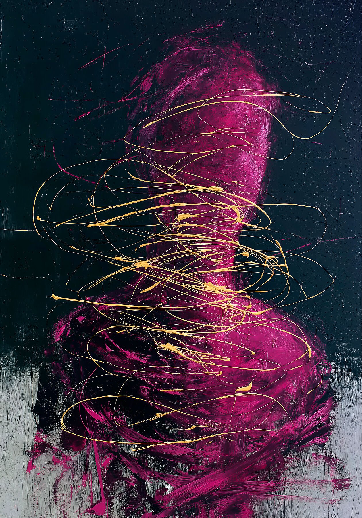 Pintura expresionista abstracta con forma orgánica en magenta y espirales de oro sobre fondo negro — Vórtice, Colección PULSO · Umbra Studio