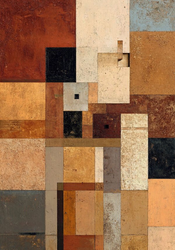 Composición abstracta geométrica con planos de ocre y siena envejecidos. Colección STOA, Umbra Studio. Edición limitada de 9. Giclée fine art.