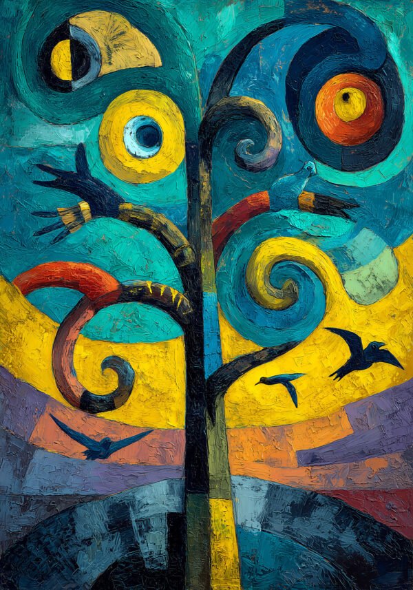 Pintura expresionista de árbol cósmico con espirales circulares y aves en vuelo, paleta vibrante en azul petróleo y amarillo — Presagio, Colección PULSO · Umbra Studio